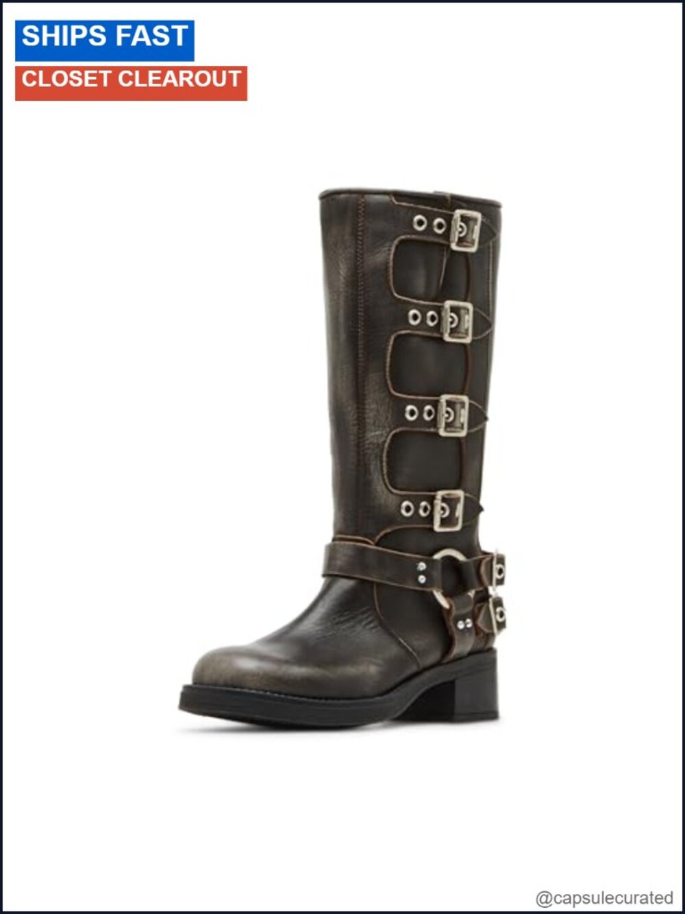Leather Mid-Calf Boots Round Toe Pull-On with Buckle Details